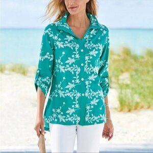 Soft Surroundings Green Embroidered Isla Verde Button Down Top, Size L